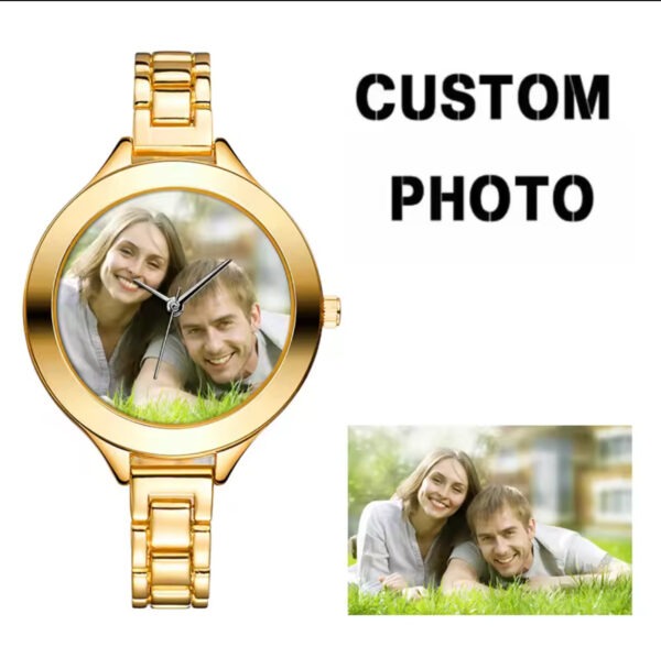 Customized Photo stainless steel female watch. Available in gold and silver